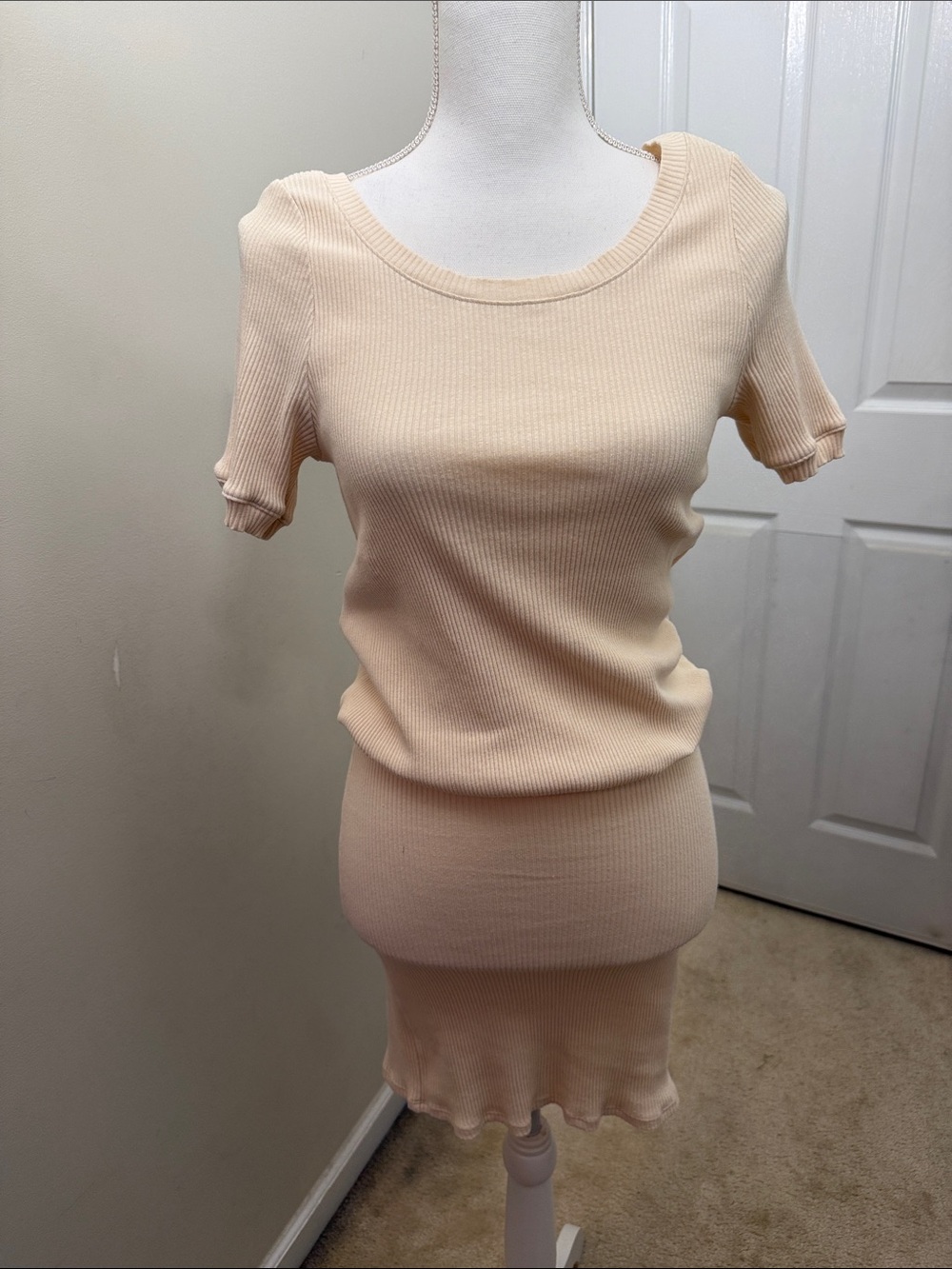 Free People Beach Ribbed Knit Scoop Neck Mini Dress in Light Beige